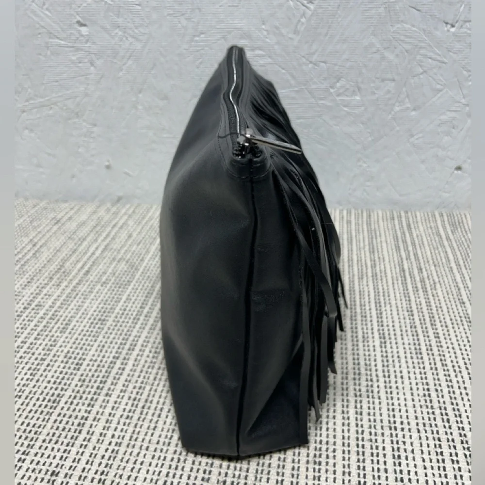 Space NK Apothecary Black Faux Leather with boho Fringe Zipper Bag pouch